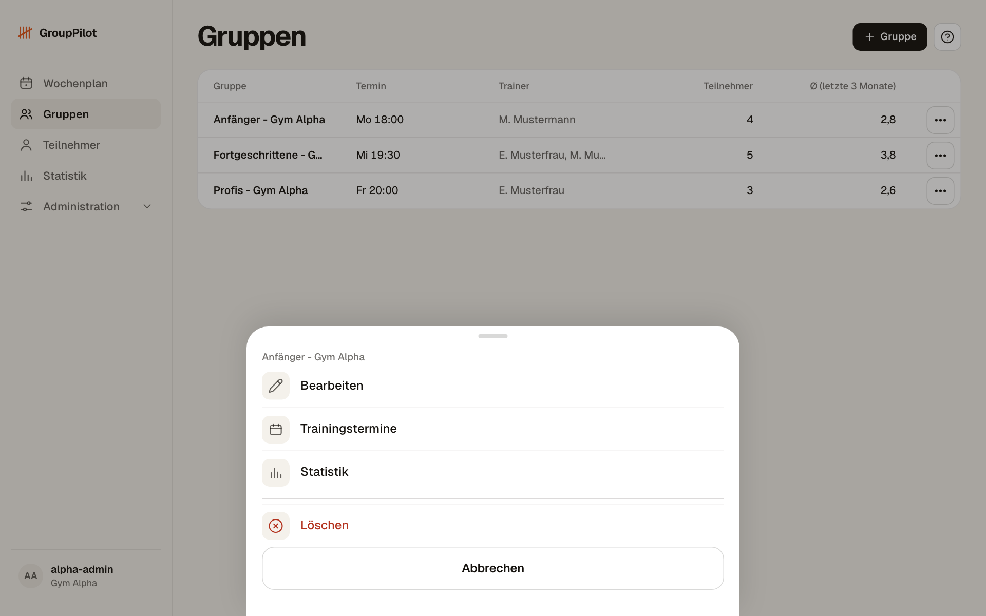 Gruppenliste mit geöffnetem Menü einer Gruppe: Bearbeiten, Trainingstermine, Statistik und Löschen