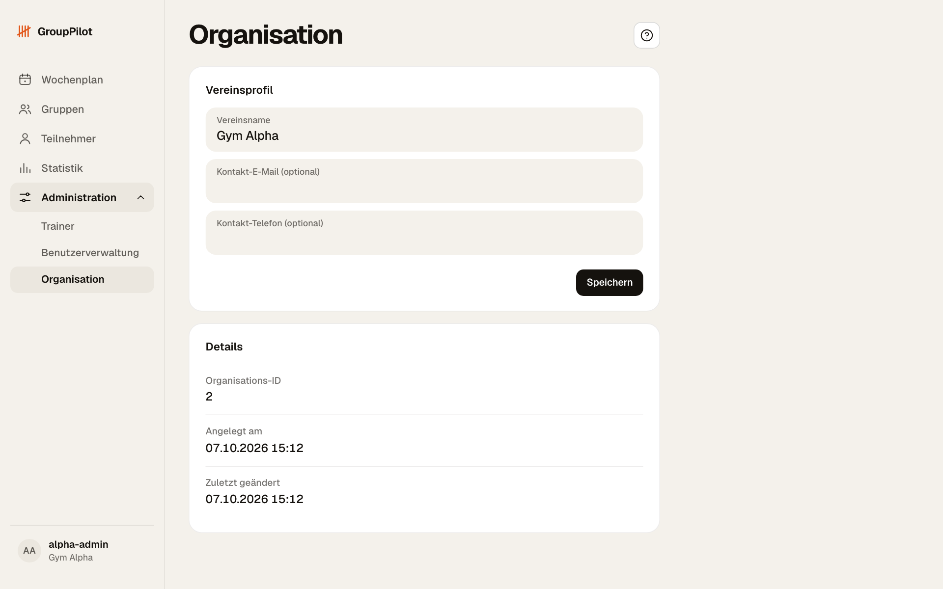 Seite Organisation mit dem Vereinsprofil (Vereinsname, Kontakt-E-Mail, Kontakt-Telefon, Speichern) und den Details Organisations-ID, Angelegt am und Zuletzt geändert