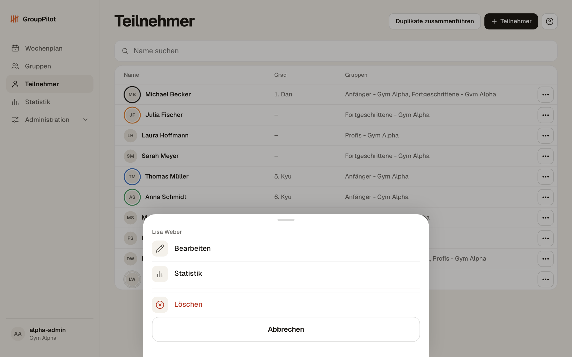 Teilnehmerliste mit geöffnetem Aktionsmenü für Lisa Weber: Bearbeiten, Statistik und Löschen