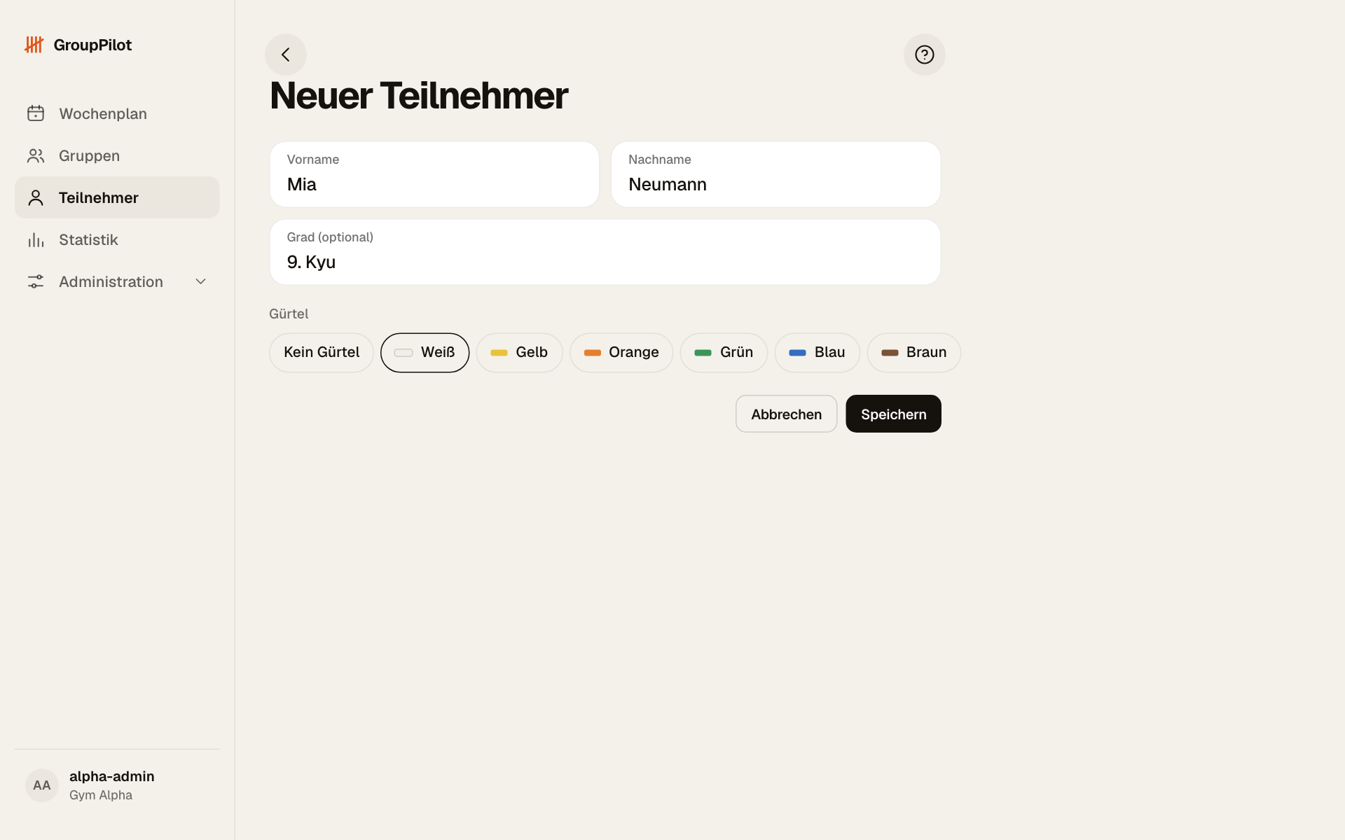 Formular Neuer Teilnehmer mit Vorname Mia, Nachname Neumann, Grad 9. Kyu und Gürtel Weiß