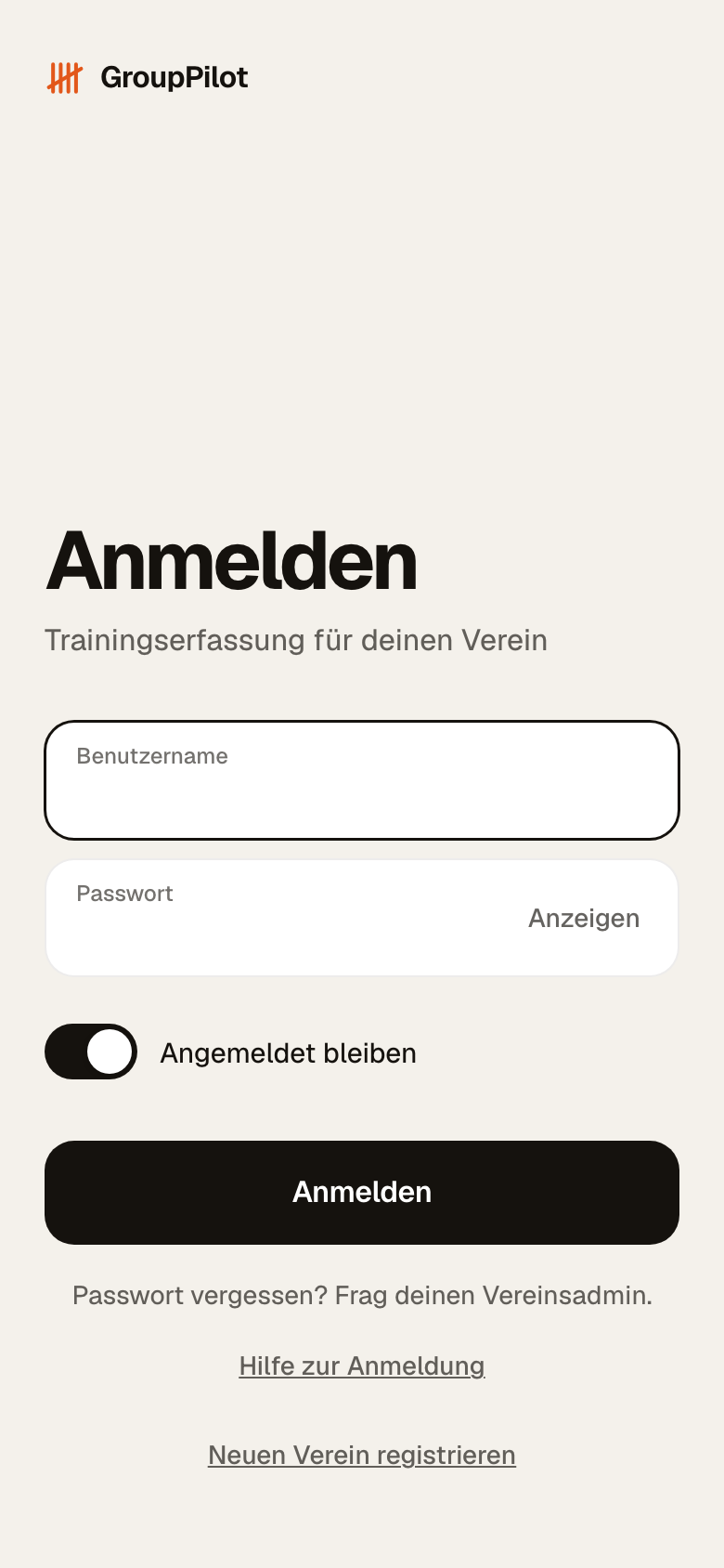 Anmeldeseite mit den Feldern Benutzername und Passwort, dem Schalter Angemeldet bleiben und dem Knopf Anmelden