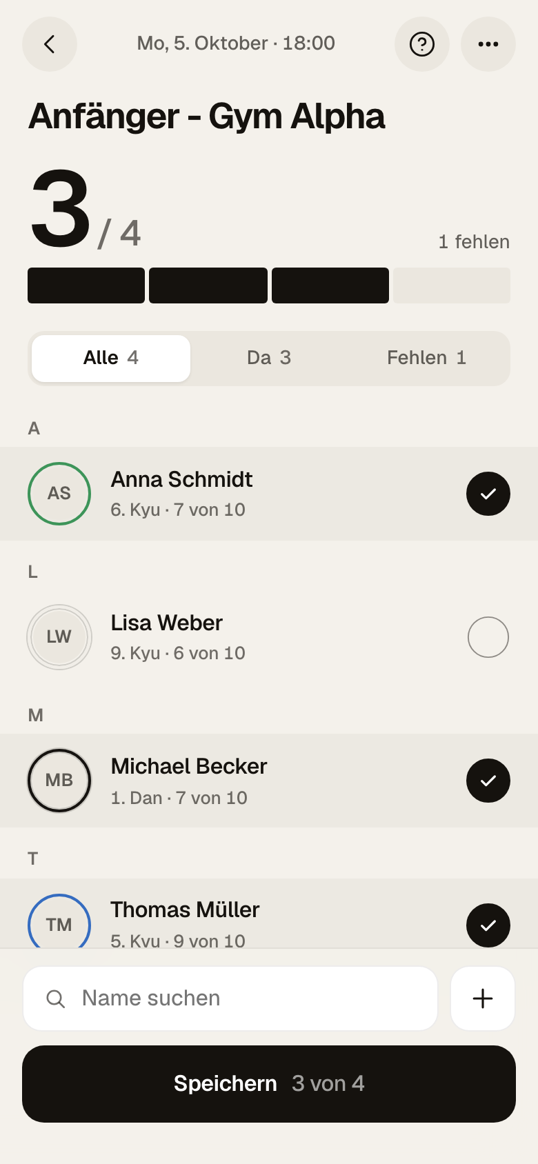Anwesenheit eines Trainings: oben 3 von 4 anwesend, darunter die Filter Alle, Da und Fehlen, die Teilnehmerliste mit Haken, unten die Suche und der Knopf Speichern