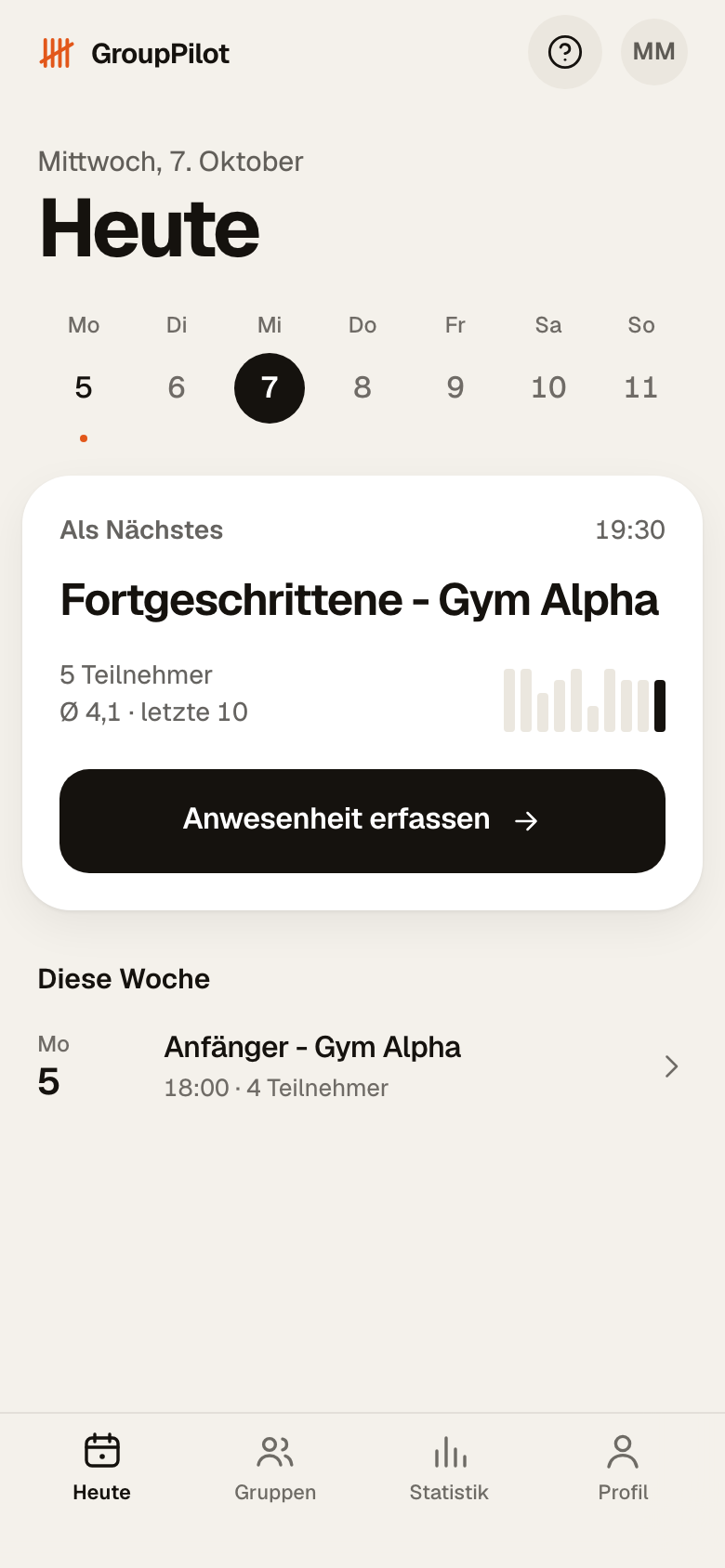 Startseite „Heute“ auf dem Handy mit dem nächsten Training und der Navigationsleiste unten
