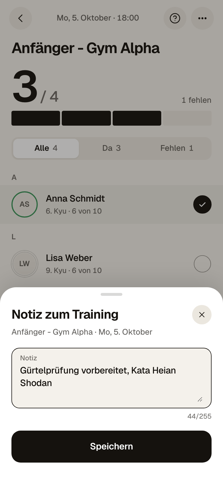 Fenster Notiz zum Training mit dem Text „Gürtelprüfung vorbereitet, Kata Heian Shodan“, dem Zähler 44/255 und dem Knopf Speichern