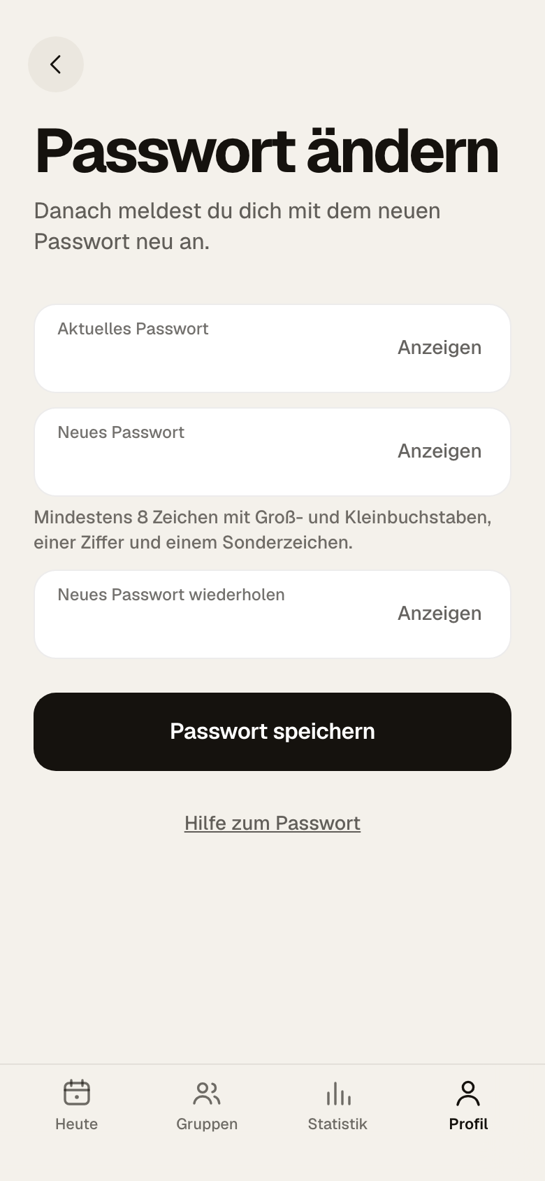 Seite Passwort ändern mit den Feldern Aktuelles Passwort, Neues Passwort und Neues Passwort wiederholen und dem Knopf Passwort speichern
