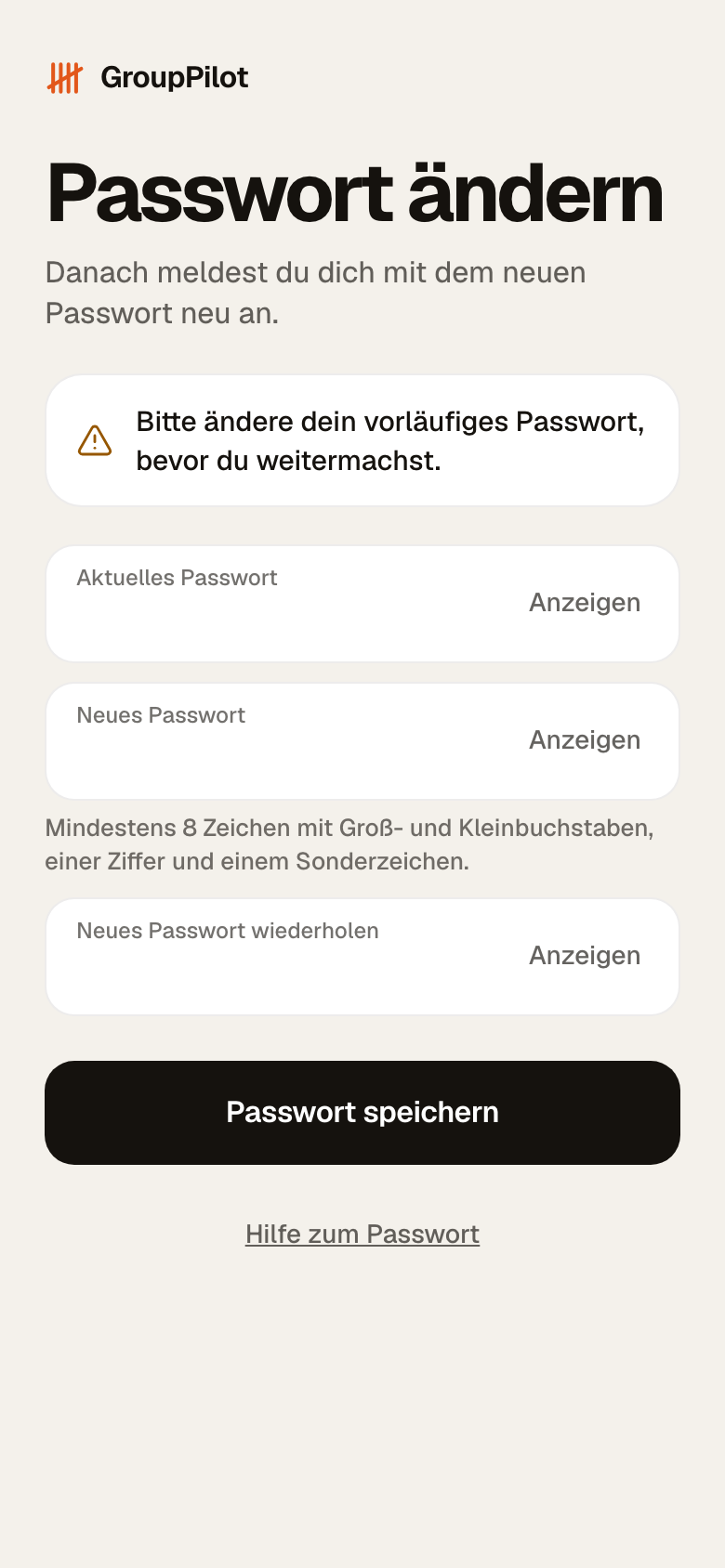 Seite Passwort ändern mit dem Hinweis, das vorläufige Passwort zu ändern, und drei Passwortfeldern