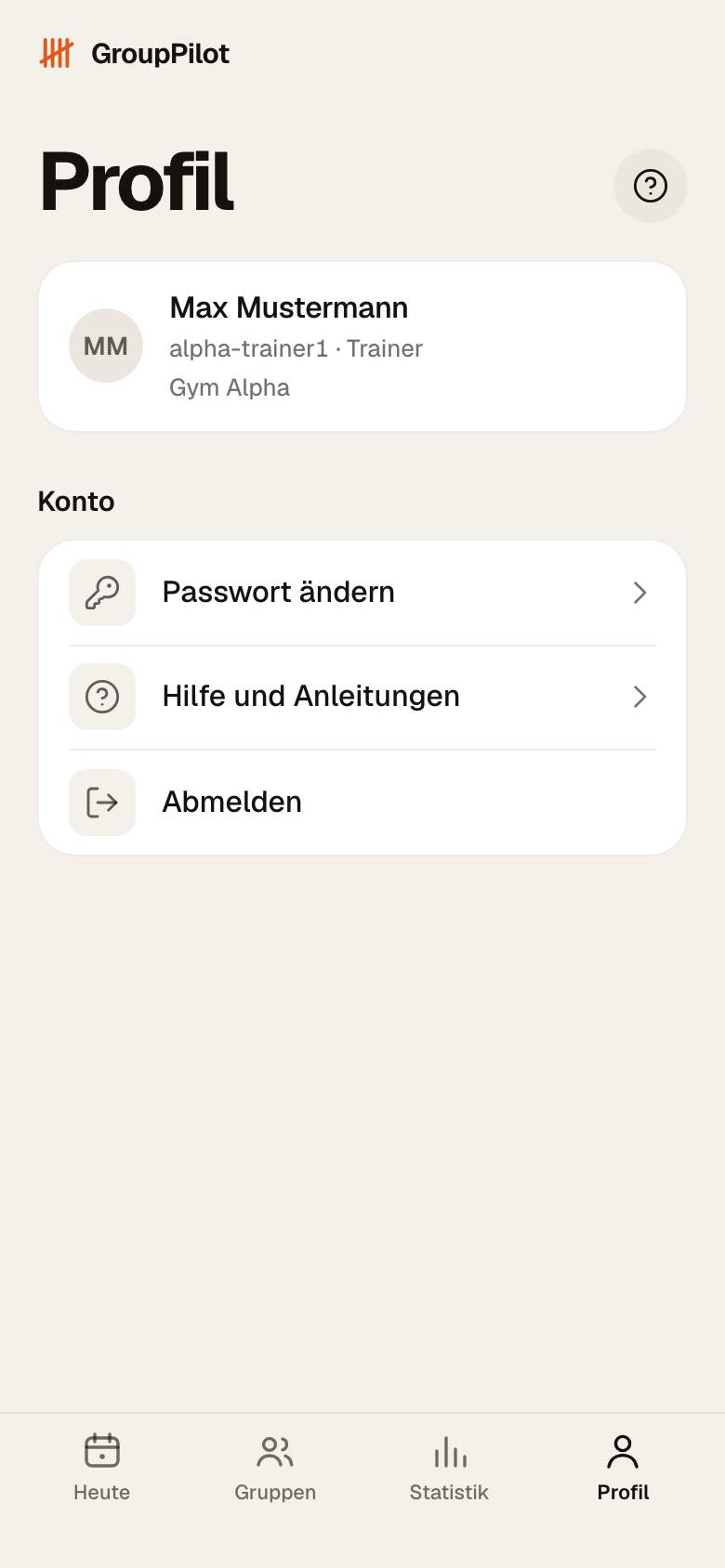 Profilseite mit Name, Benutzername, Rolle und Verein, darunter Passwort ändern, Hilfe und Anleitungen und Abmelden