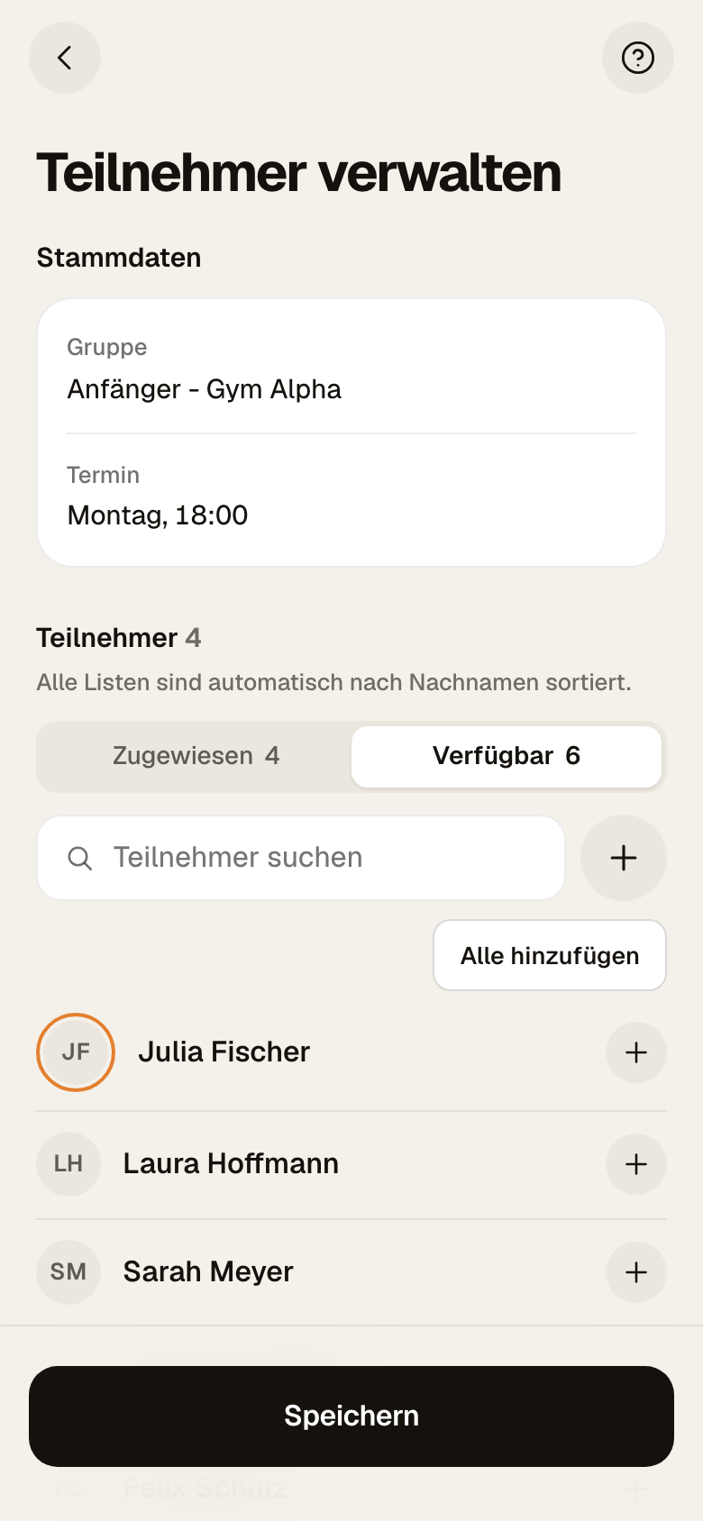 Reiter Verfügbar mit Suchfeld, dem Knopf Alle hinzufügen und Teilnehmern mit je einem Plus-Knopf, unten der Knopf Speichern
