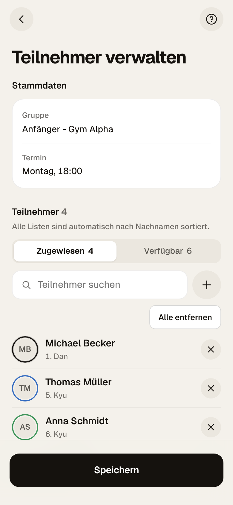 Seite Teilnehmer verwalten mit dem Reiter Zugewiesen: vier Teilnehmer mit je einem Knopf zum Entfernen