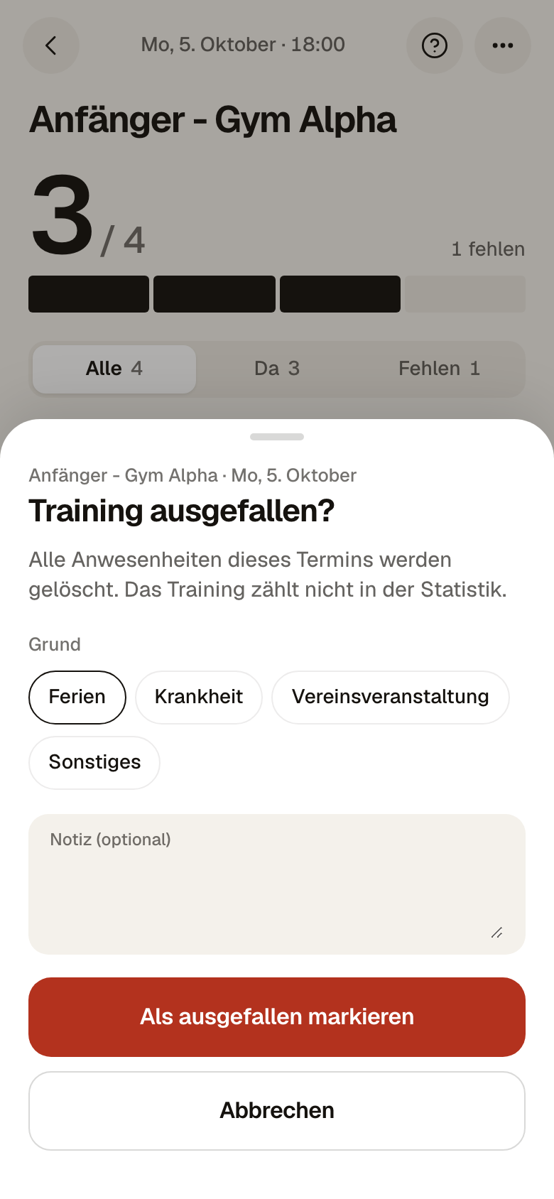 Fenster Training ausgefallen mit dem Hinweis, dass alle Anwesenheiten gelöscht werden, der Auswahl des Grundes, einem Notizfeld und dem Knopf Als ausgefallen markieren