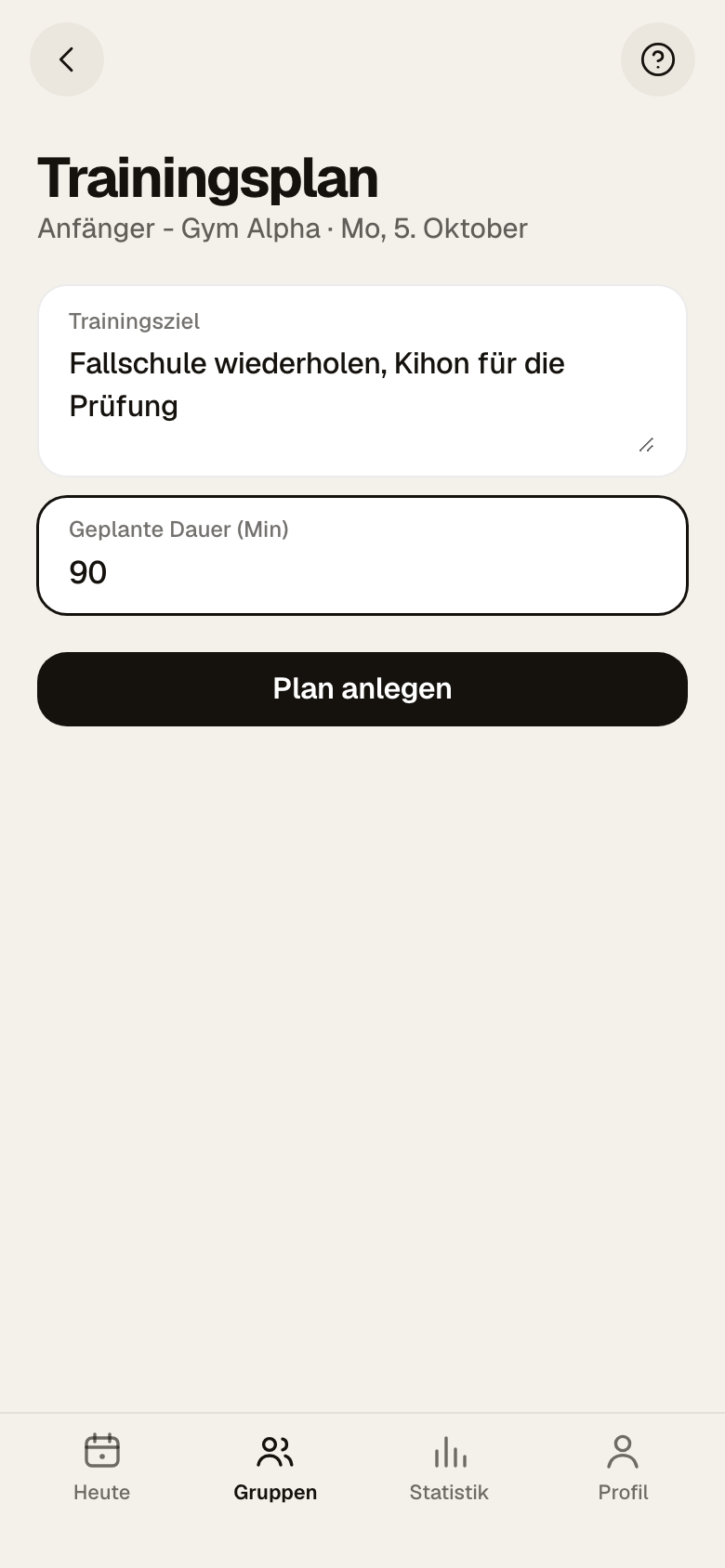 Formular Trainingsplan mit Trainingsziel und geplanter Dauer 90 Minuten und dem Knopf Plan anlegen