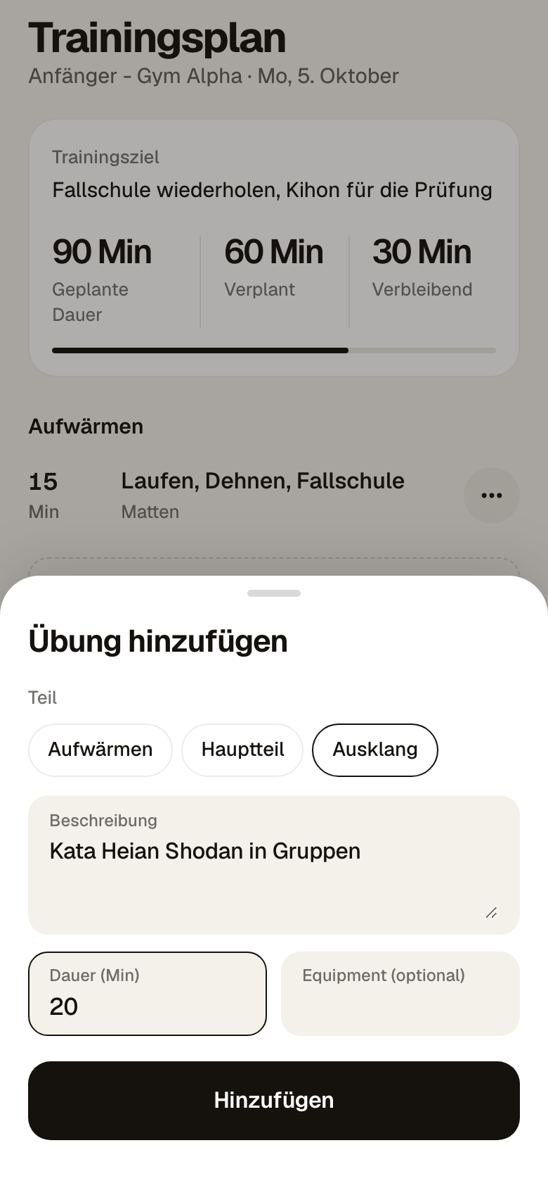 Fenster Übung hinzufügen mit dem Teil Ausklang, der Beschreibung Kata Heian Shodan in Gruppen und der Dauer 20 Minuten