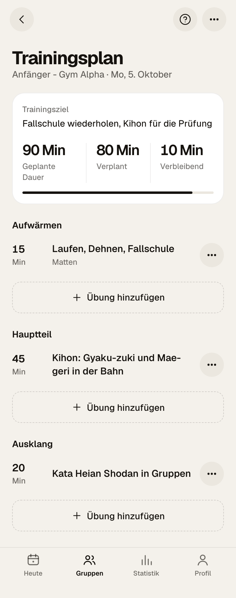 Trainingsplan mit Ziel, 90 Minuten geplant, 80 verplant, 10 verbleibend und je einer Übung in Aufwärmen, Hauptteil und Ausklang