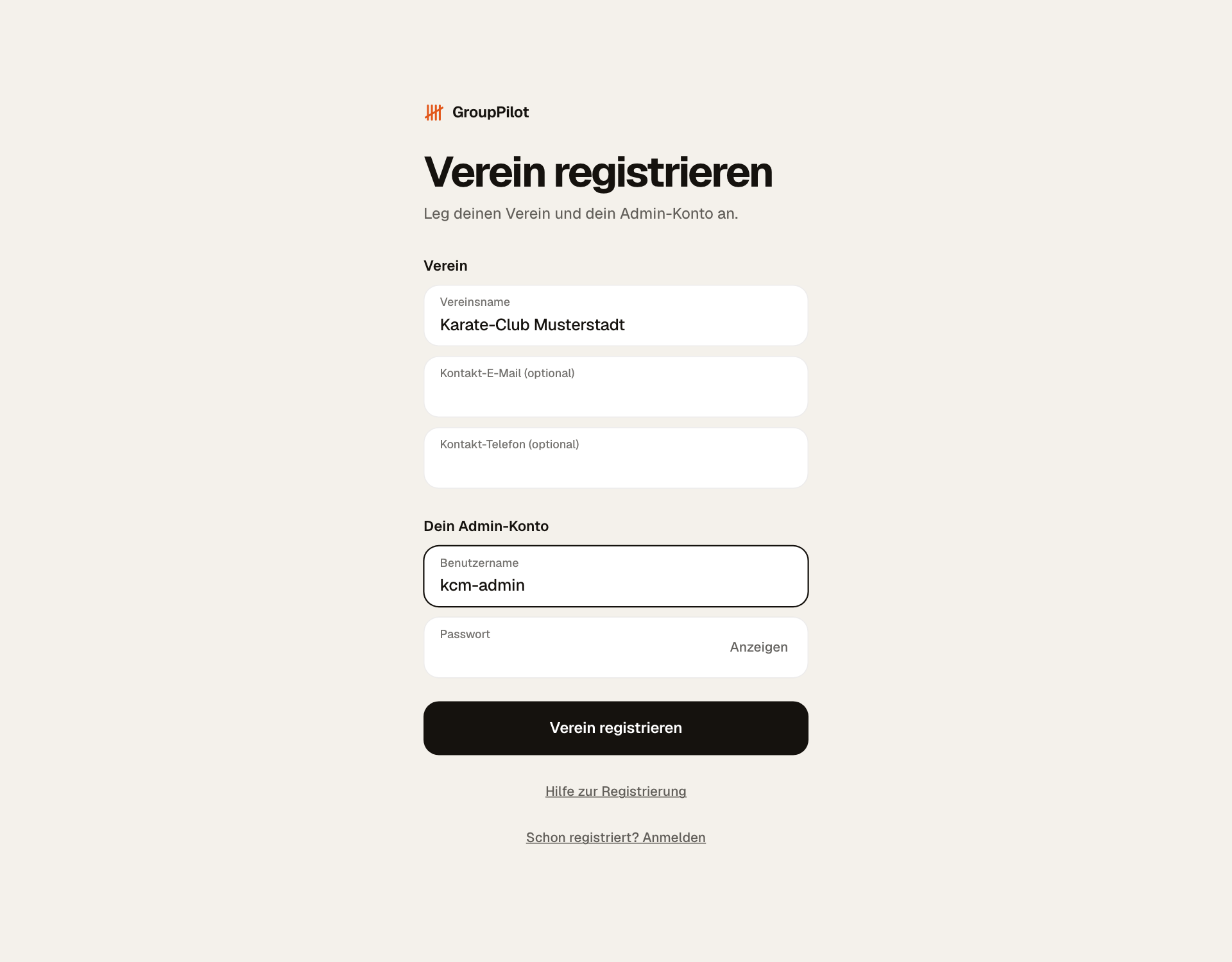 Seite Verein registrieren mit Vereinsname Karate-Club Musterstadt, den freiwilligen Kontaktfeldern, Benutzername kcm-admin, Passwort und dem Knopf Verein registrieren